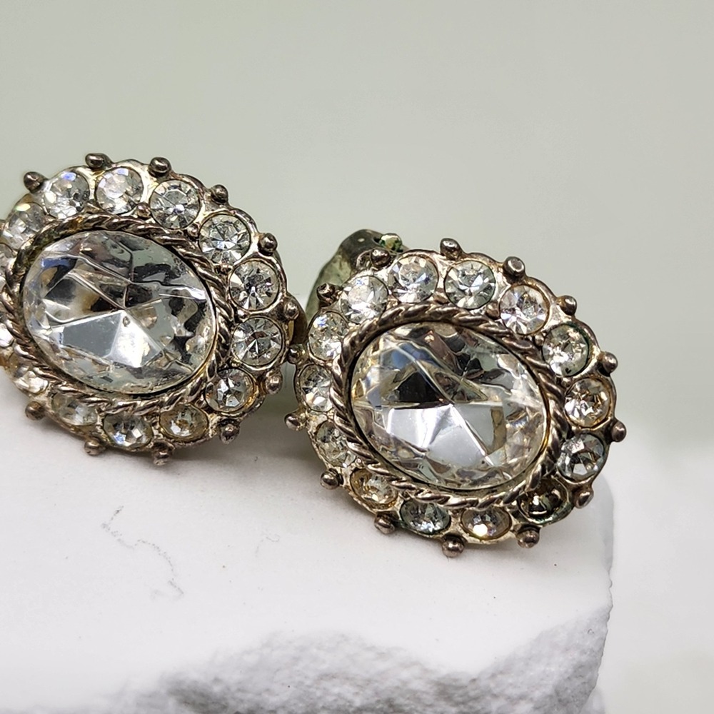 Vintage Clear Rhinestone Cluster Clip-On Earrings Silver Tone Glam Statement